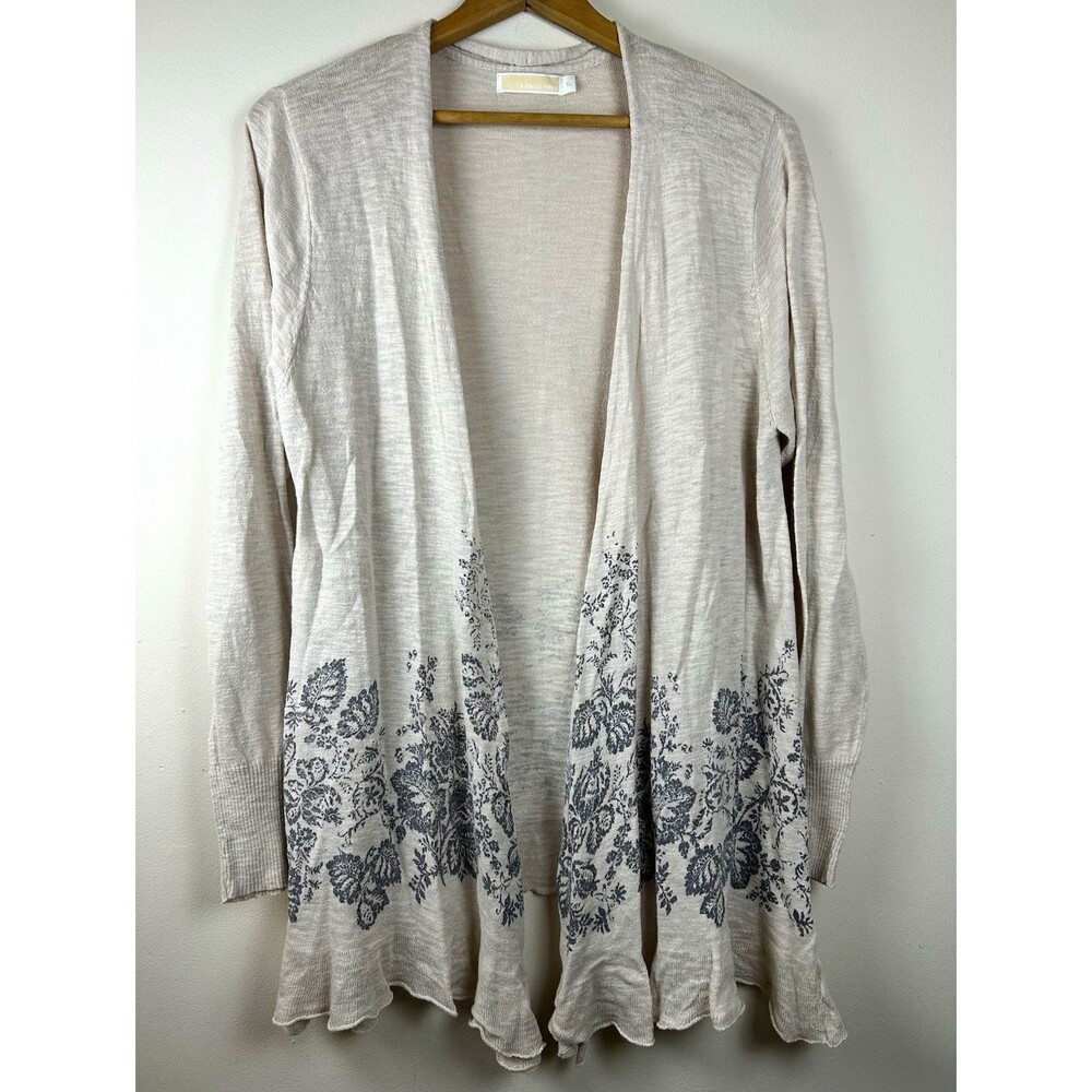 Christina Linen Blend Floral Open Front Cardigan Beige Cream Boho Knit Draped XL